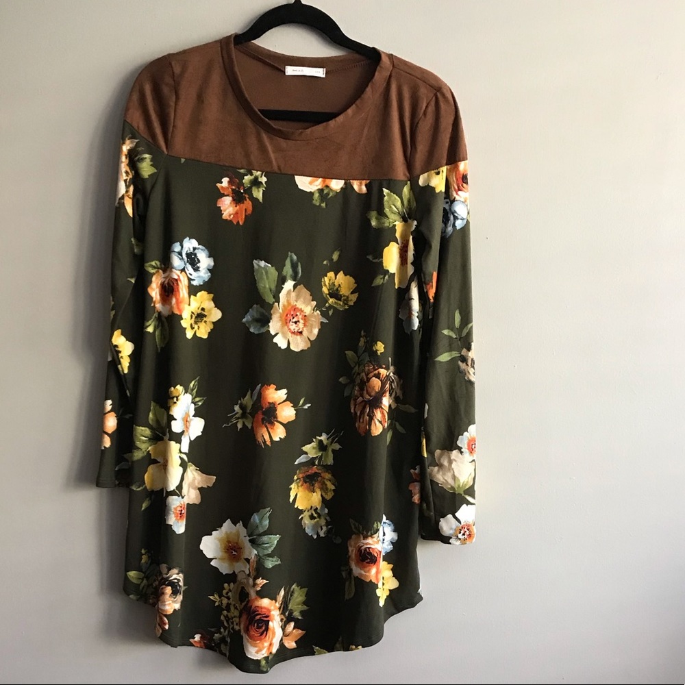 Reb & J Olive/Brown Floral Tunic Top/Dress Size L